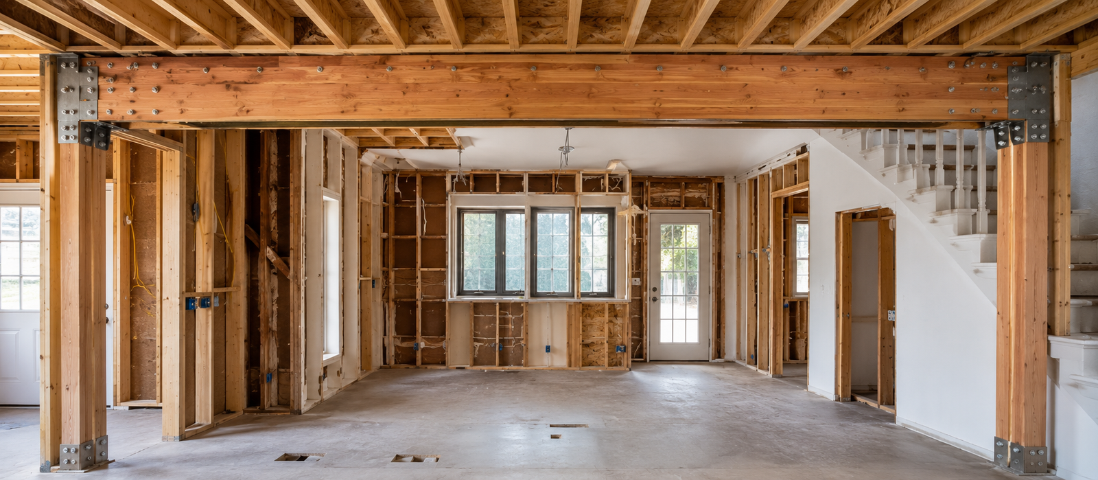Interior of a home remodel where a load-bearing wall was removed — a new engineered beam spans the opening, carried by posts with bolted steel connectors at each end.