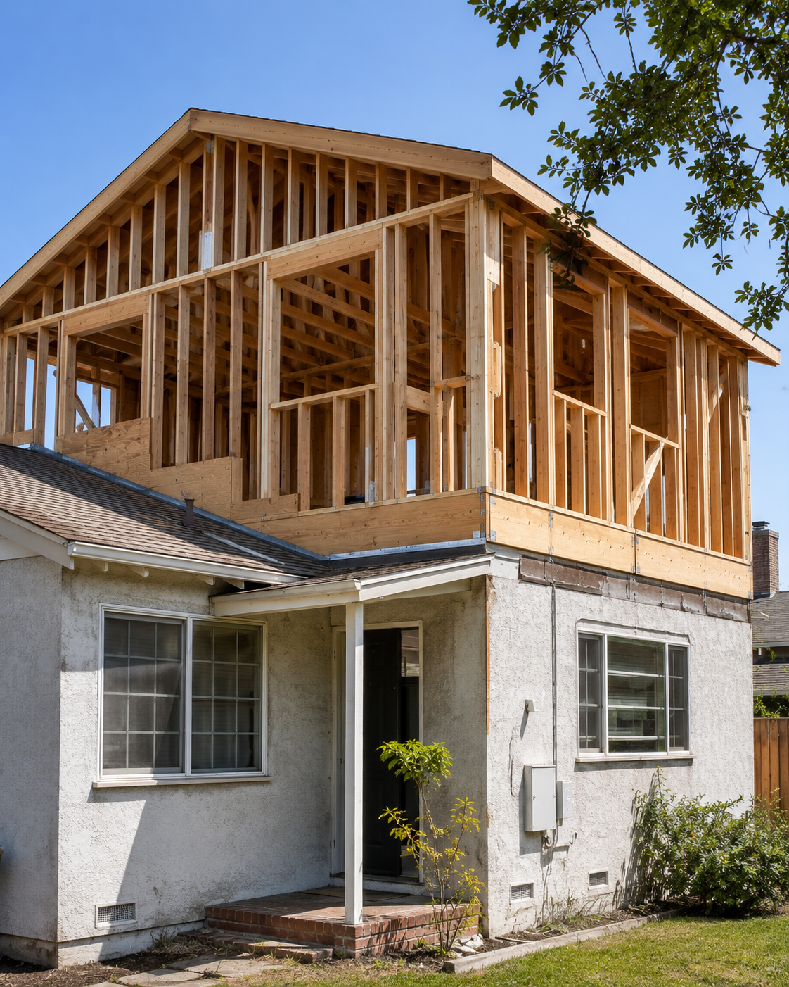 Second-story addition under construction on an existing single-story stucco house, showing new upper-floor framing built over the original structure.