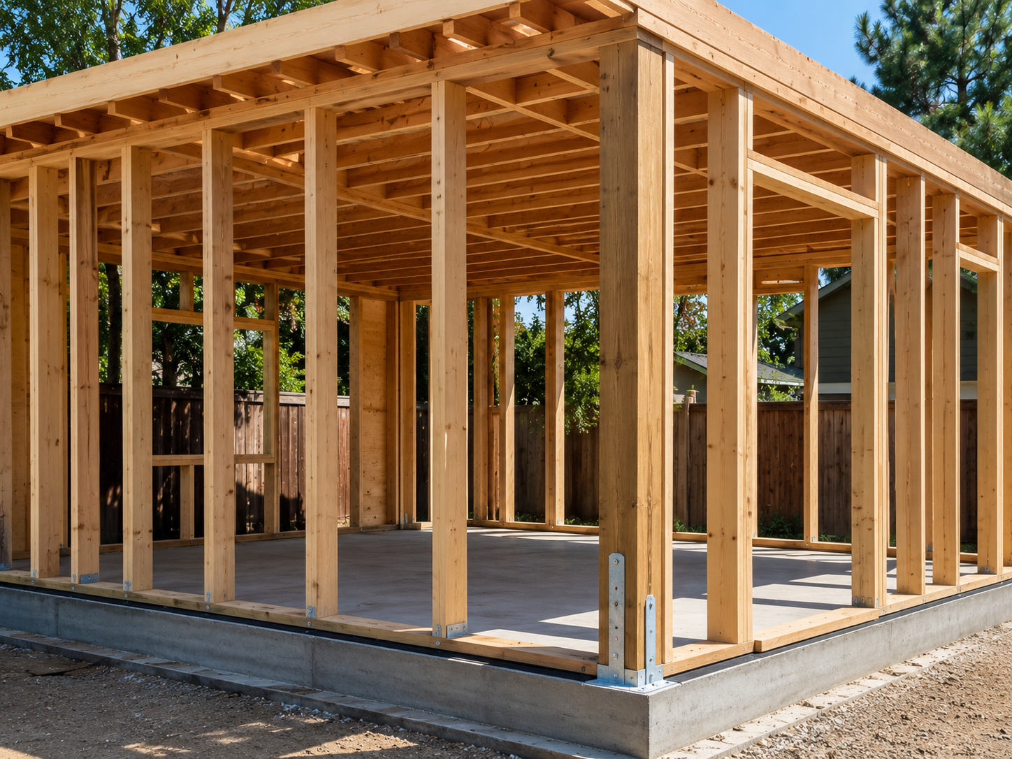 ADU under construction at the framing stage — stud walls and roof joists in place on a concrete slab foundation, with sill plate anchors and post base connectors visible.