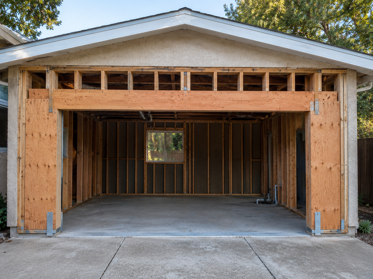 Garage mid-conversion with the original garage door opening infilled — a new header spans the opening with new posts and shear panels framed at each end.