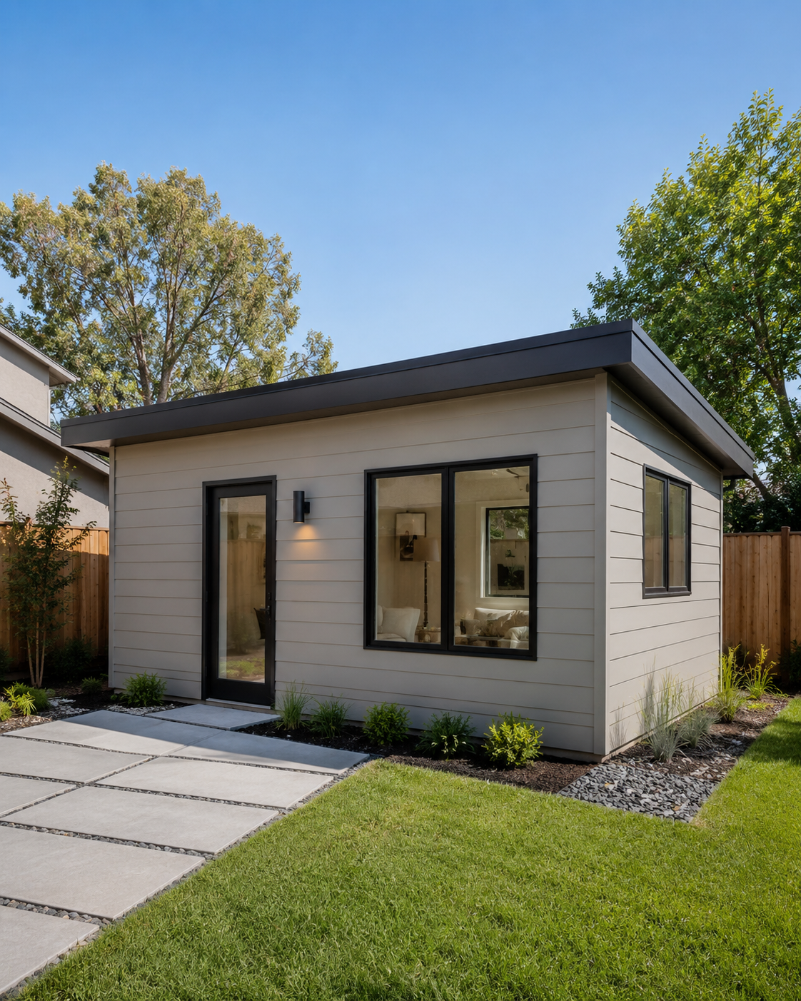 Completed detached accessory dwelling unit in a California backyard, shown from a three-quarter angle with entry door, windows, and full roofline visible.