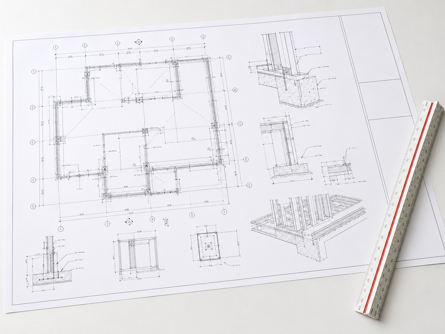 PE-stamped ADU structural drawing sheet on a plan bench, showing the foundation plan with footing and framing details and an architect’s scale alongside.