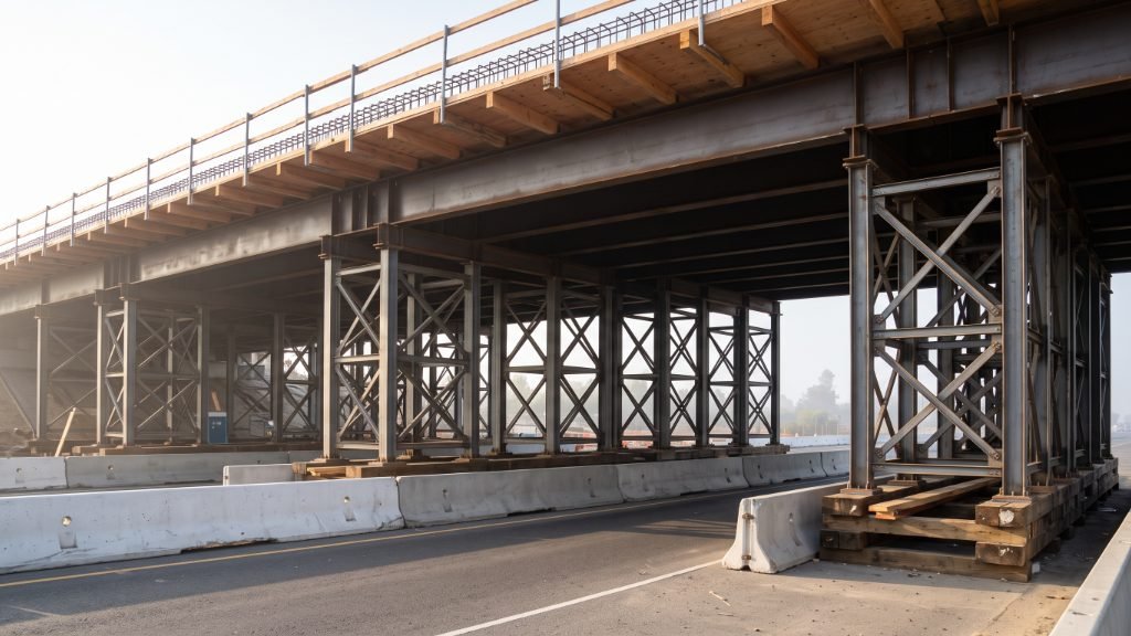 Steel shoring towers braced in both directions on timber sills, carrying stringers and soffit forms for a cast-in-place bridge deck, with a K-rail-protected traffic opening.