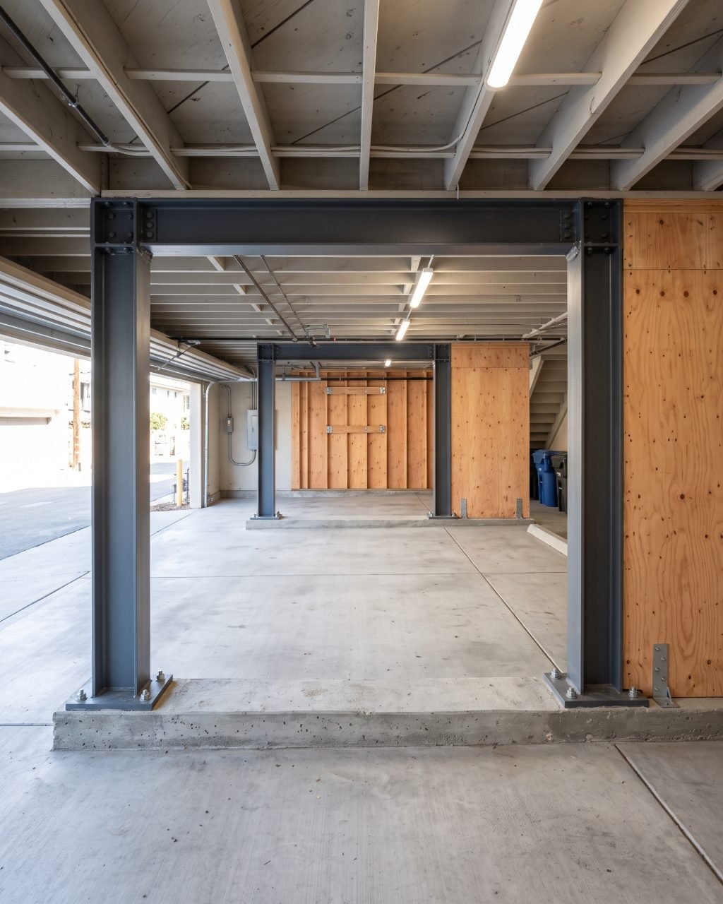 Completed soft story retrofit in a tuck-under garage: new steel moment frame bolted to a concrete grade beam, with plywood shear walls and hold-downs behind.