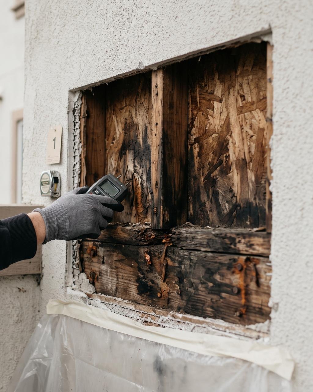 Engineer taking moisture readings at a selectively opened stucco wall, exposing water-stained sheathing, a decayed rim joist, and corroded fasteners at a balcony connection.