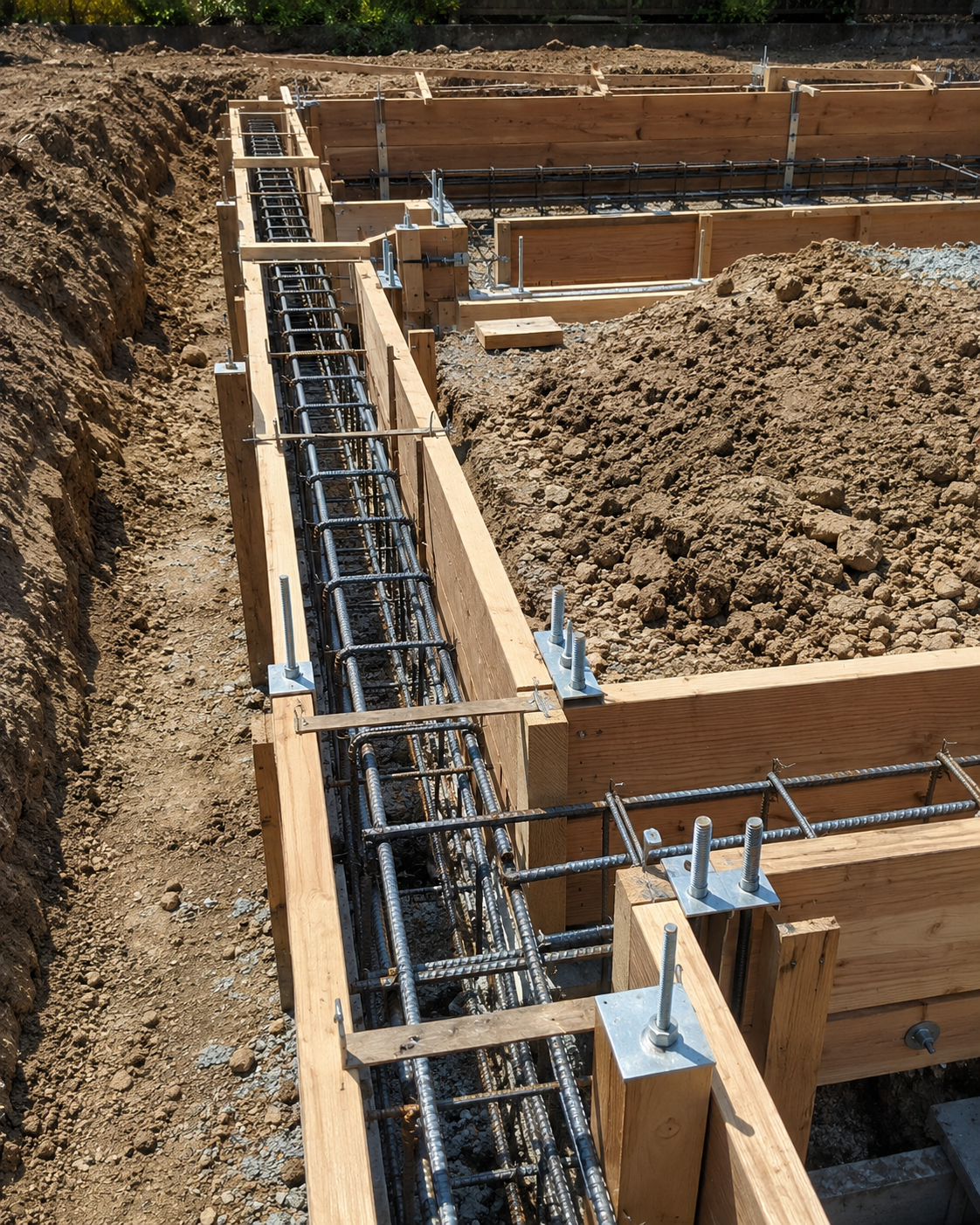 Foundation formwork and rebar cage for continuous footings and stem walls before the concrete pour, with anchor bolts and hold-down anchors set in place.