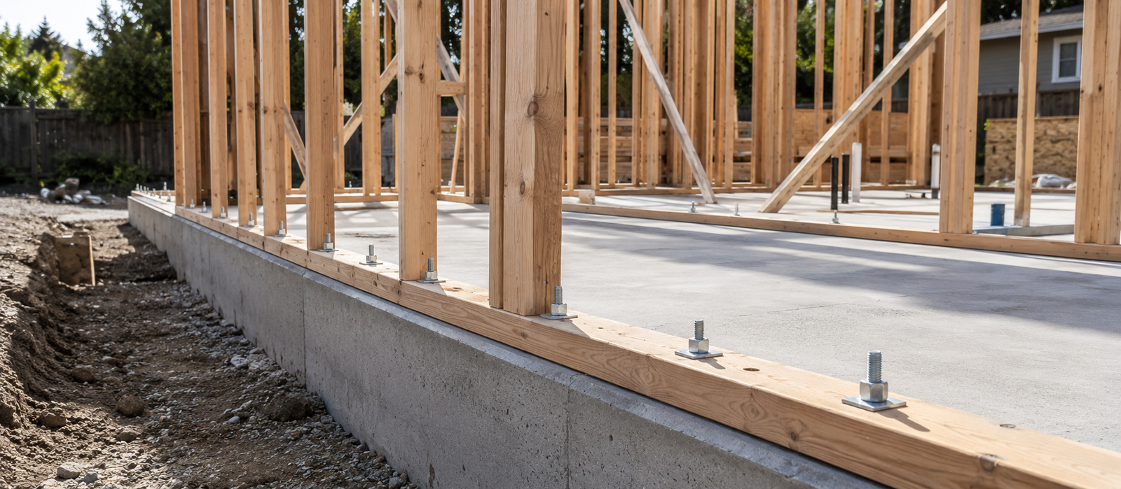 Concrete slab edge with a pressure-treated sill plate bolted down by anchor bolts and square plate washers, with wall framing rising above.