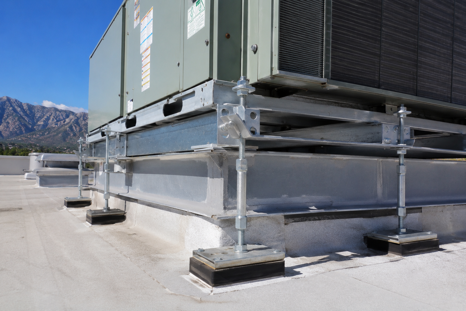 Rooftop HVAC equipment with engineered seismic anchorage — galvanized vibration-isolation curbs, threaded-rod hold-downs, and steel brackets bolted to the structural curb. California PE-stamped per ASCE 7 Chapter 13.