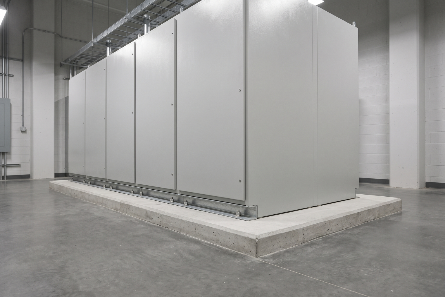 Electrical switchgear lineup on a concrete housekeeping pad, fastened to the pad with post-installed anchors at the steel base channel.