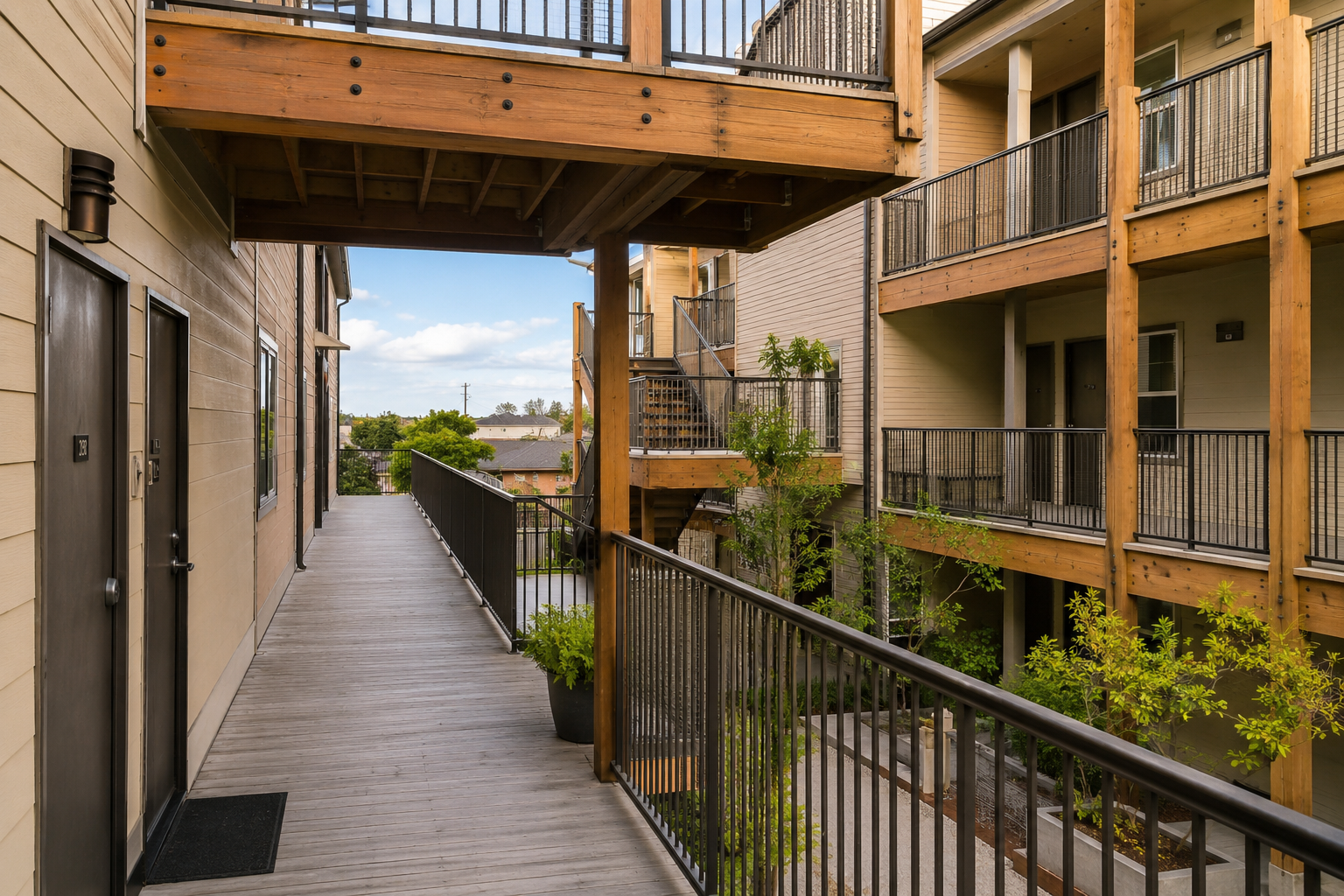 Wood-framed elevated walkway between two multifamily residential buildings.