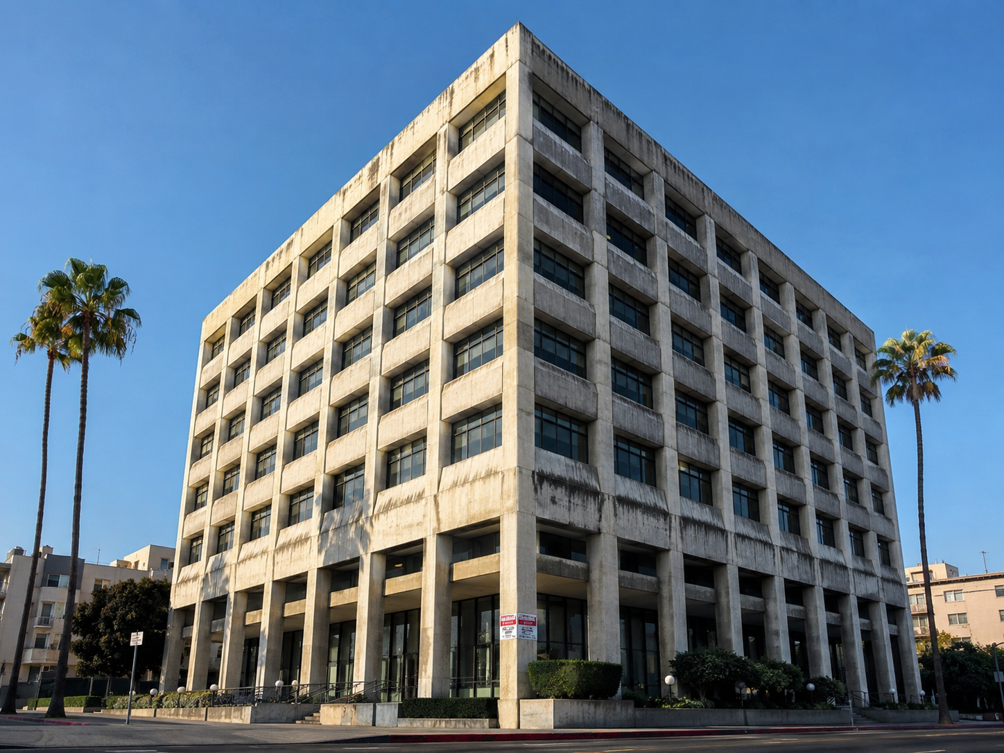 Mid-century pre-1977 non-ductile concrete office building in Los Angeles with exposed concrete frame and ribbon windows — the building type subject to LA Ordinance 183893 mandatory retrofit.