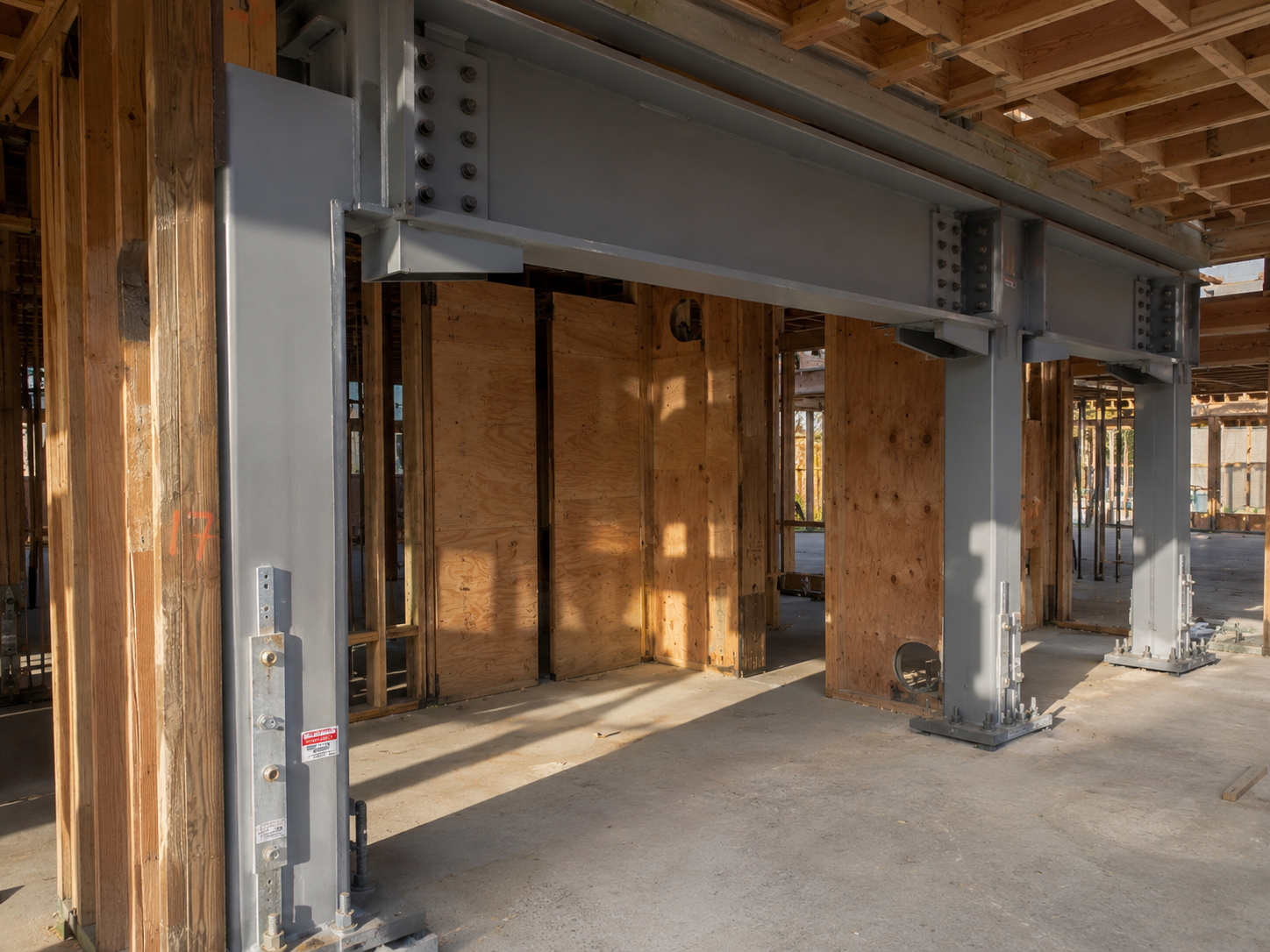 Steel moment frame retrofit installed in a soft-story wood-frame multifamily ground floor — painted gray HSS columns and W-section beam with bolted gusset connections and hold-downs anchored to new concrete pads. PE-stamped per ASCE 41-23.