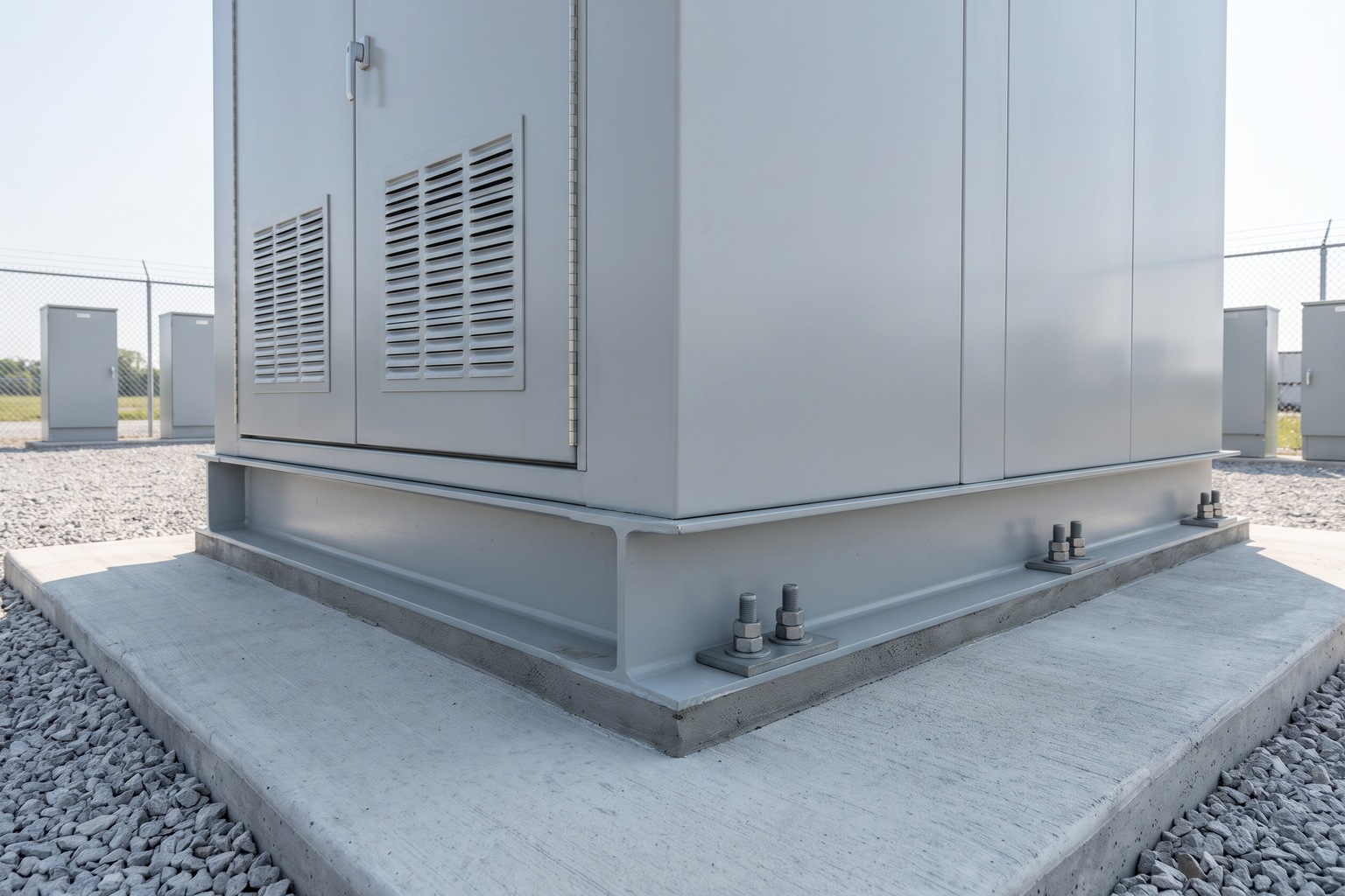 Prefabricated electrical skid with its steel base frame bolted to a concrete equipment pad with anchor bolts and plate washers.