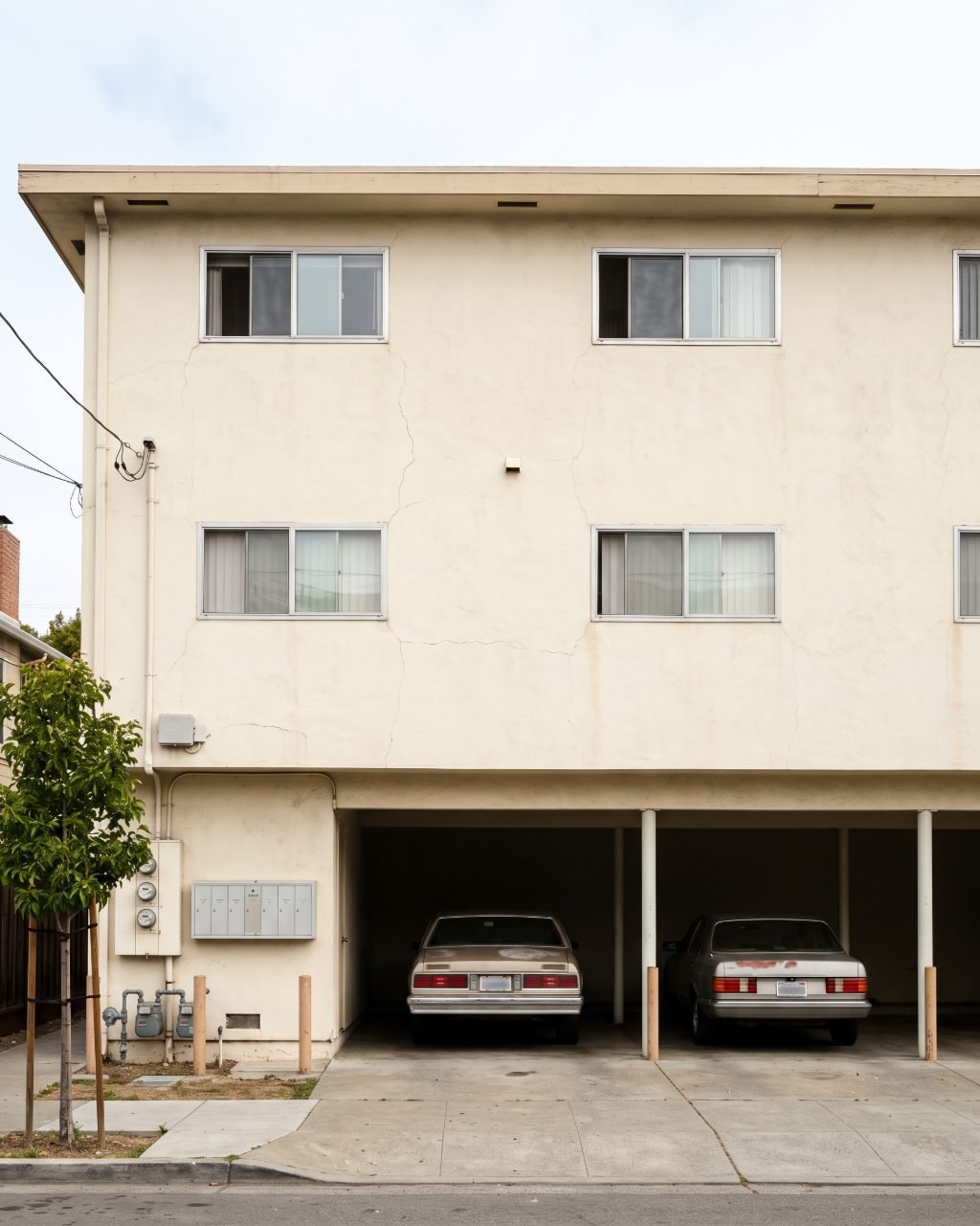 Three-story stucco apartment building with an open tuck-under parking level carried on slender pipe columns, the soft ground story targeted by Oakland's ordinance.