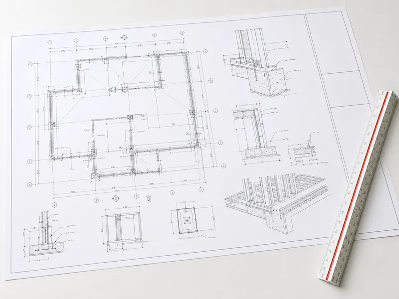 PE-stamped ADU structural drawing sheet on a plan bench, showing the foundation plan with footing and framing details and an architect’s scale alongside.