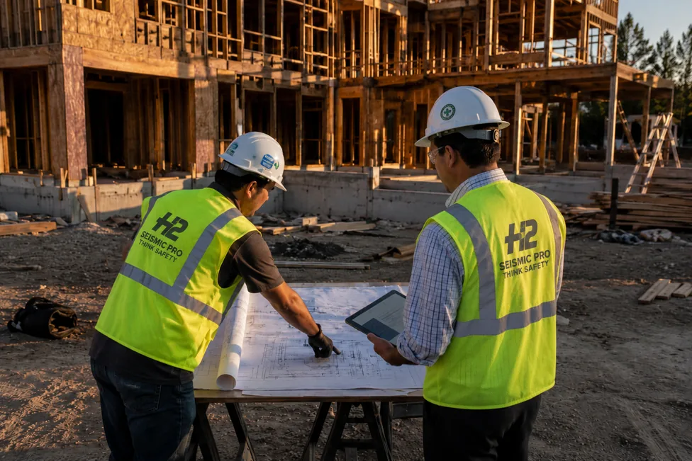 H2 Seismic Pro principal engineer and field staff reviewing structural drawings on a sawhorse table in front of a wood-framed multifamily building under construction at golden hour, California PE conducting structural observation.