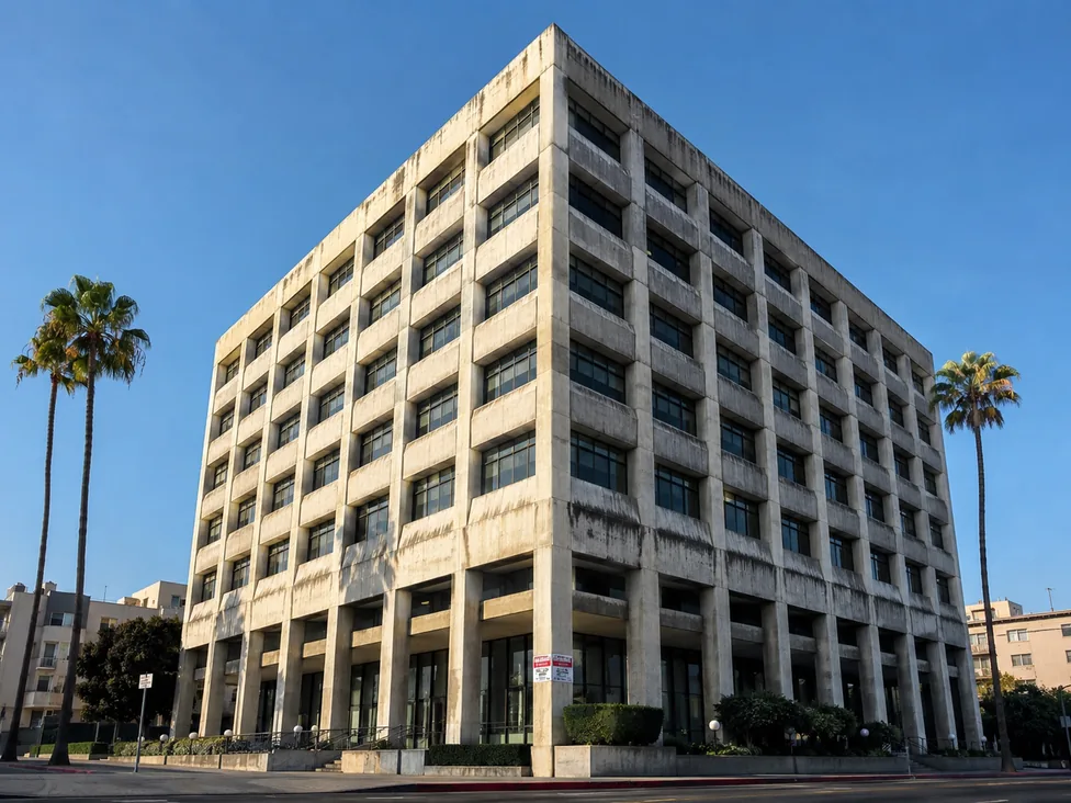 Mid-century pre-1977 non-ductile concrete office building in Los Angeles with exposed concrete frame and ribbon windows — the building type subject to LA Ordinance 183893 mandatory retrofit.