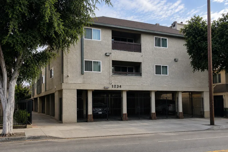 Three-story stucco apartment building with tuck-under parking in Koreatown, Los Angeles.