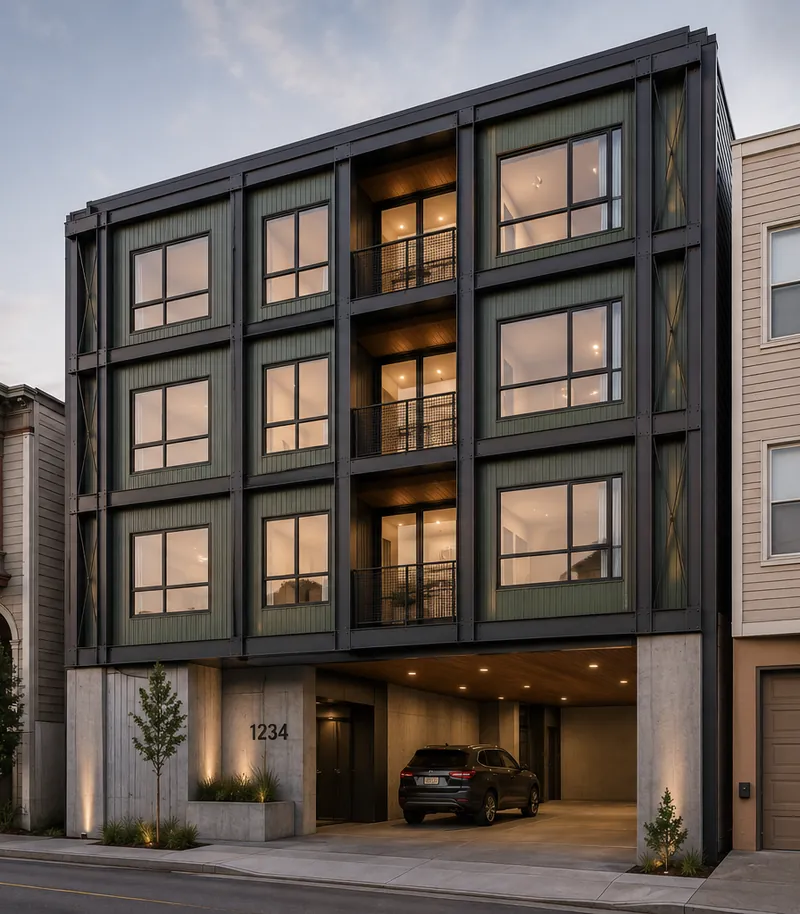 Four-story mid-city Los Angeles apartment building with steel moment frame at the street line and tuck-under parking.