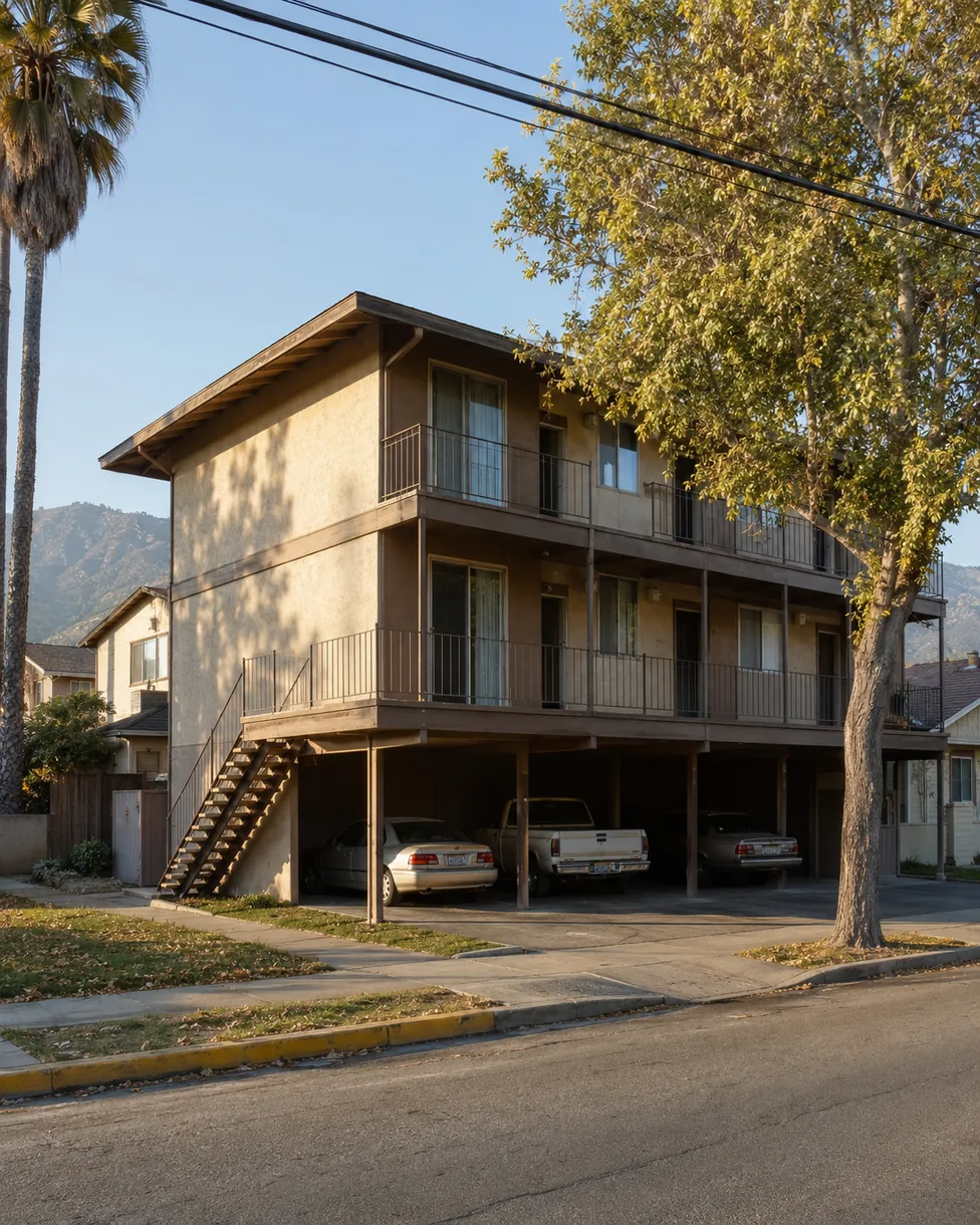 Three-story wood-frame multifamily apartment building in San Jose, California, with open tuck-under parking at ground level — exactly the soft-story configuration covered by the city's screening ordinance.