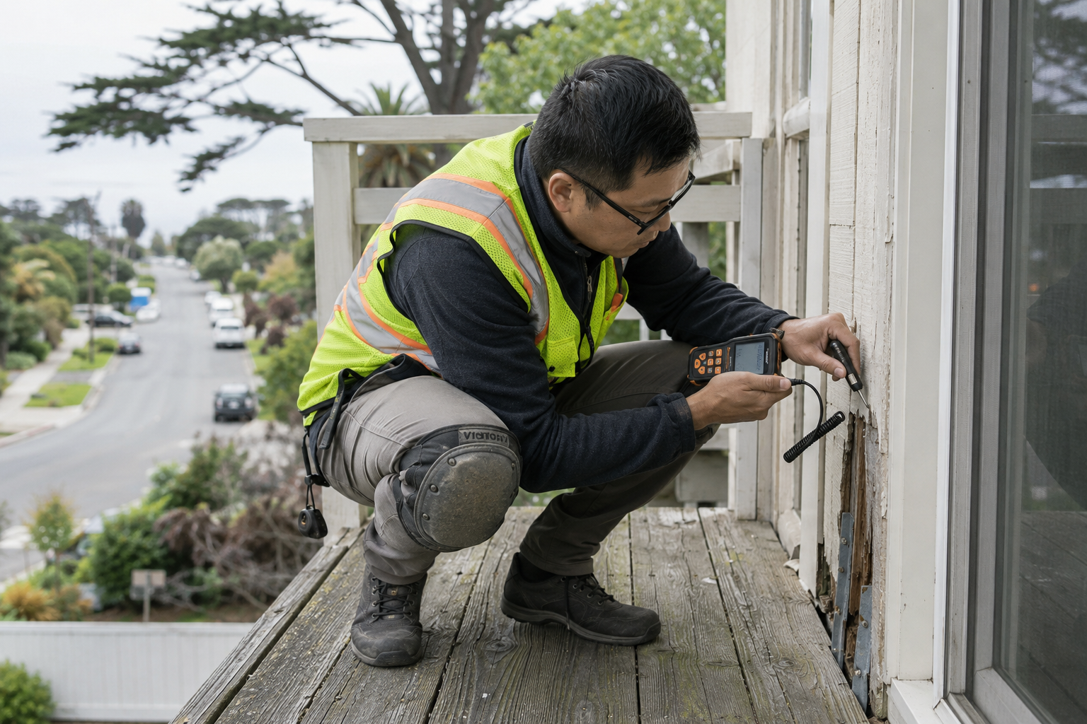 SB-326 / SB-721 balcony inspection in progress — engineer in high-vis vest using a moisture/density probe on the framing at an exposed exterior elevated element.