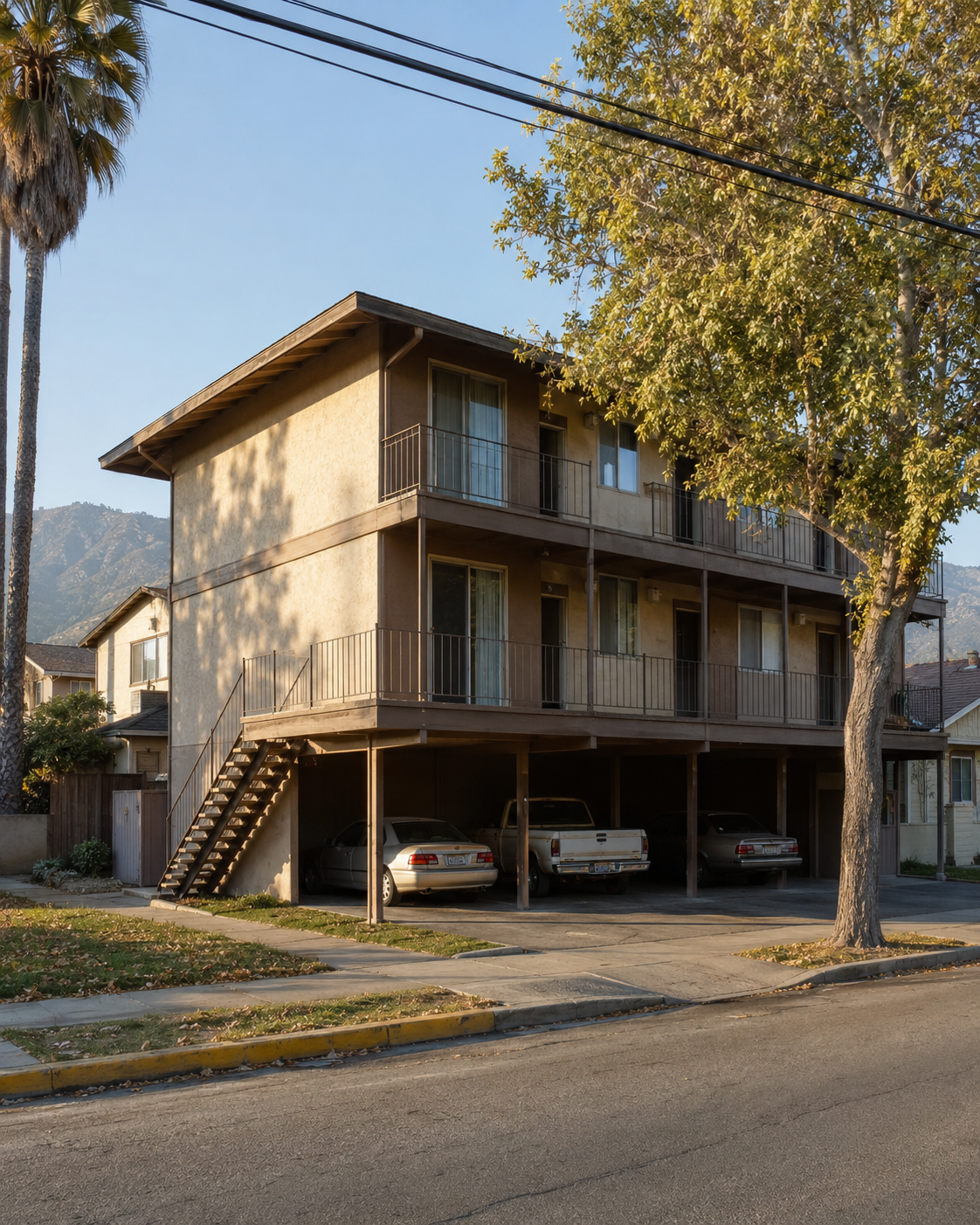 Three-story wood-frame multifamily apartment building in San Jose, California, with open tuck-under parking at ground level — exactly the soft-story configuration covered by the city's screening ordinance.