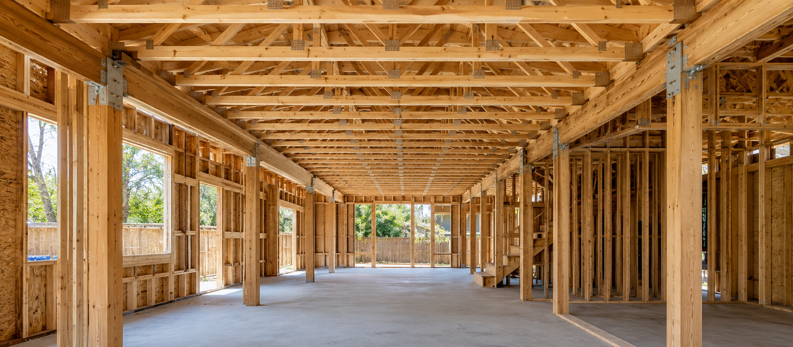 Wide interior view down the length of a newly framed building, showing repeating roof trusses overhead and beam-to-post connections with metal hardware.