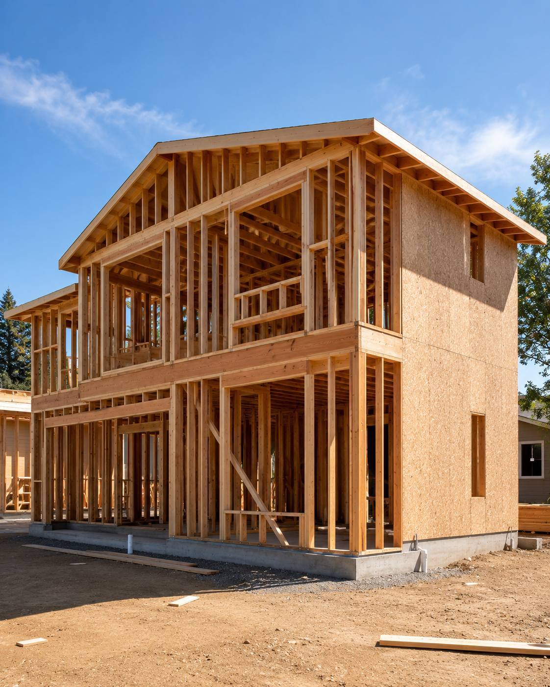 New two-story residential structure under construction with framing complete but not yet closed in, showing wall framing, floor framing, and sheathing over a concrete foundation.