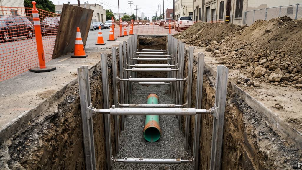 Sewer trench in a city street supported by aluminum hydraulic shores at regular spacing, with new PVC pipe on gravel bedding and spoil set back from the edge.